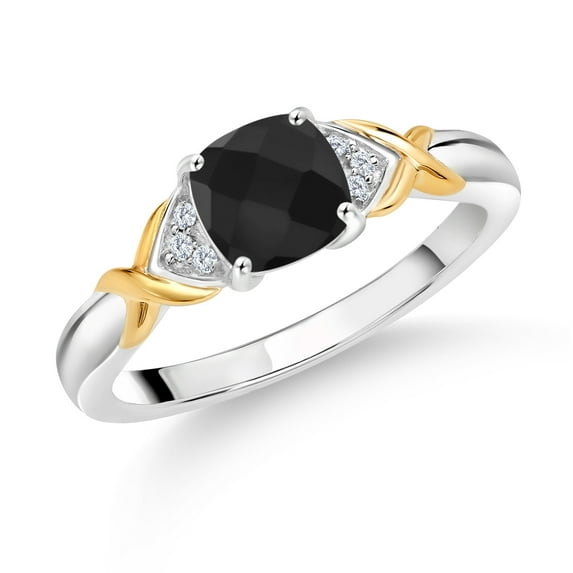 Gem Stone King 0.95 Ct Cushion Checkerboard Black Onyx E-F Lab Grown Diamond 925 Silver and 10K Yellow Gold Ring