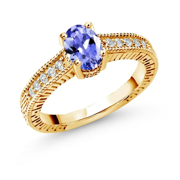 Gem Stone King 0.95 Ct Oval Blue Tanzanite White Topaz 18K Yellow Gold Plated Silver Ring (Size 7)