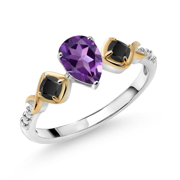Gem Stone King 0.95 Ct Pear Shape Purple Amethyst Black Onyx 925 Silver and 10K Yellow Gold Ring (Size 7)