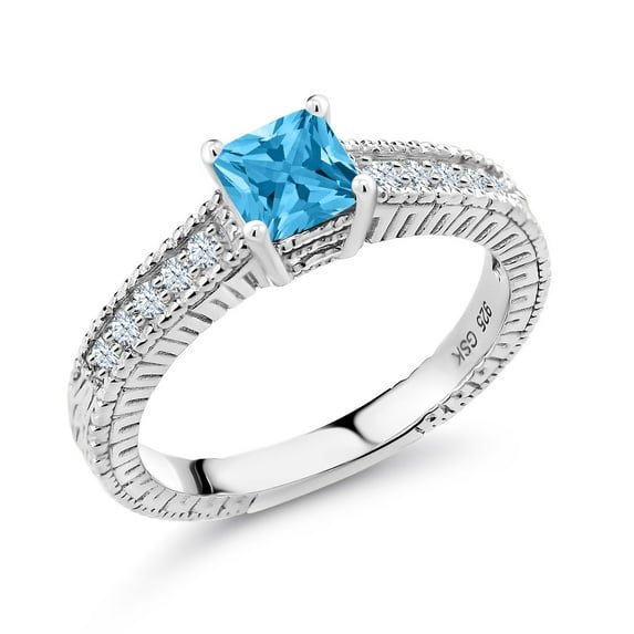 Gem Stone King 0.95 Ct Princess Cut Swiss Blue Topaz White Created Sapphire 925 Sterling Silver Ring (Size 5)