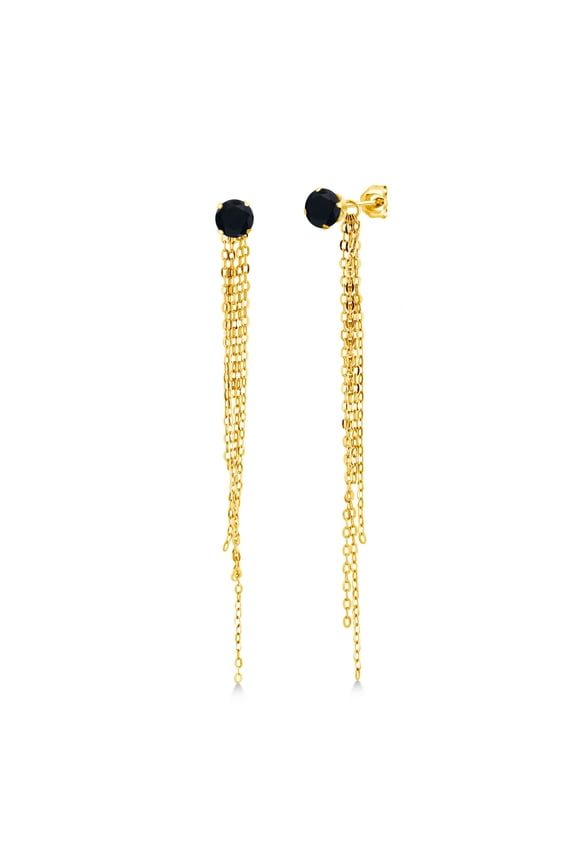 0.95 Ct Round 5mm Black Onyx 18K Yellow Gold Plated Silver Stud Extra Long Statement Enhancer Earrings 3.5 inch