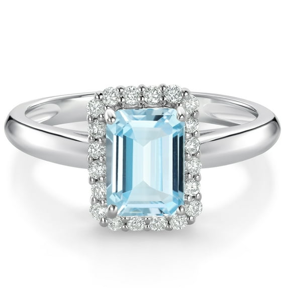 Gem Stone King 0.96 Ct Octagon Sky Blue Aquamarine G/H Lab Grown Diamond 10K White Gold Halo Engagement Ring (Size 6)