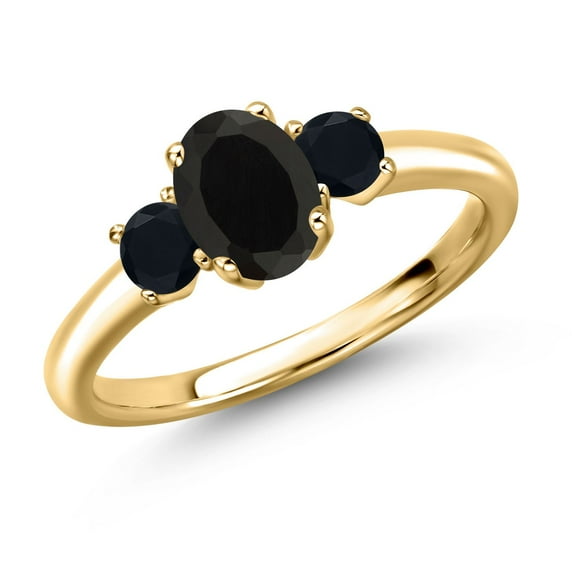Gem Stone King 18K Yellow Gold Plated Silver Black Onyx Engagement Ring for Women | 0.96 Cttw | Oval 7X5MM | Gemstone December Birthstone | Size 9