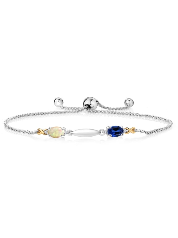 0.96 Ct Oval Cabochon White Ethiopian Opal Blue Created Sapphire 925 Silver and 10K Yellow Gold Lab Grown Diamond Bracelet for Women