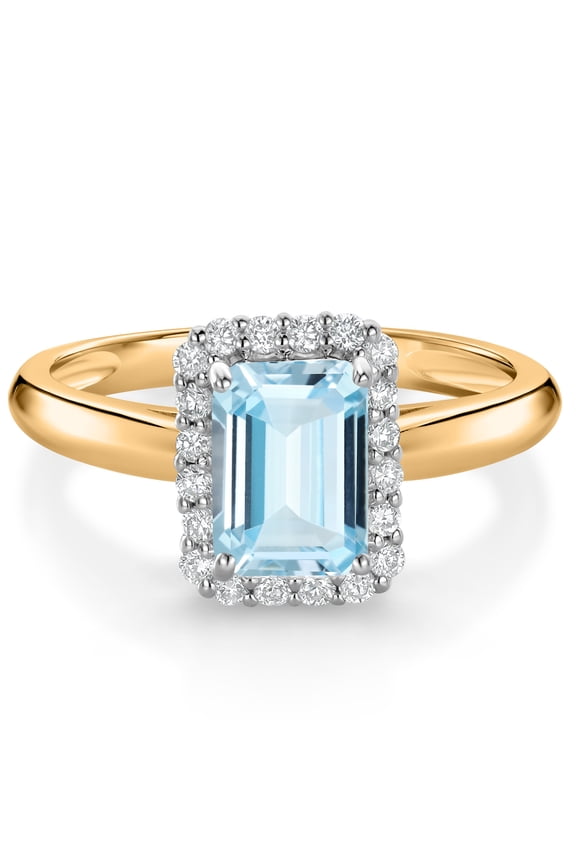 0.96 Ct Sky Blue Aquamarine G/H Lab Grown Diamond 10K Yellow and White Gold Halo Engagement Ring (Size 7)