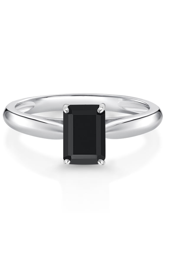 0.97 Cttw Black Onyx 10K White Gold Solitaire Engagement Ring for Women | Emerald Cut 7X5MM | Gemstone Birthstone | Wedding Engagement Anniversary Promise Ring for Women | Size 7