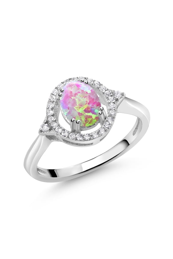 0.97 Ct Oval Cabochon Pink Simulated Opal 925 Sterling Silver Ring (Size 8)