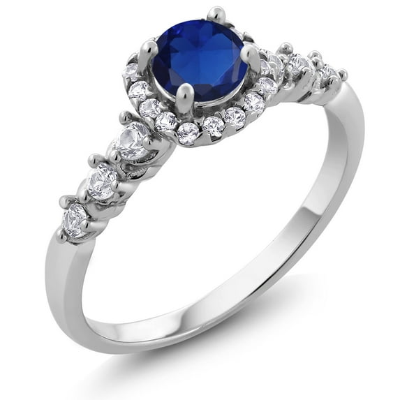 Gem Stone King 0.97 Ct Round Blue Created Sapphire White Created Sapphire 925 Sterling Silver Ring