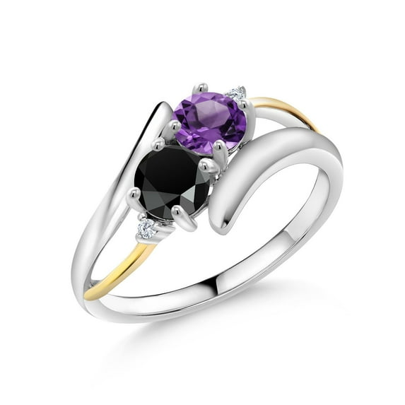 Gem Stone King 0.97 Ct Round Purple Amethyst Black Onyx 925 Silver and 10K Yellow Gold Lab Grown Diamond Two Stone Crossover Ring (Size 9)