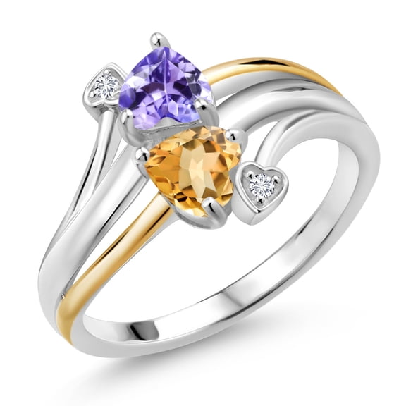 Gem Stone King 0.98 Ct Blue Tanzanite Yellow Citrine 925 Silver and 10K Yellow Gold Lab Grown Diamond Ring (Size 7)