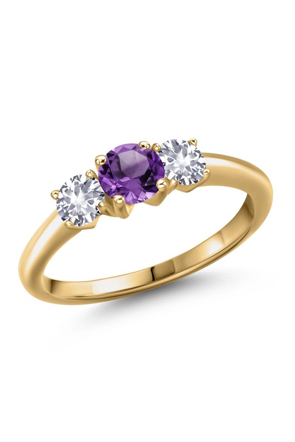 18K Yellow Gold Plated Silver Purple Amethyst and White Created Sapphire Engagement Ring for Women | 0.98 Cttw | Round 5MM | Gemstone February Birthstone | Size 9