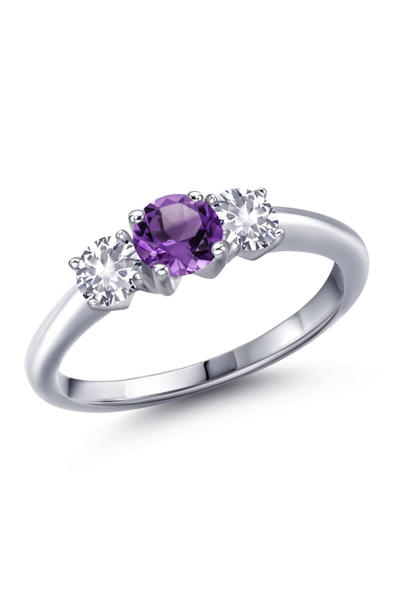 925 Sterling Silver Purple Amethyst and White Created Sapphire Engagement Ring for Women | 0.98 Cttw | Round 5MM | Gemstone February Birthstone | Size 5