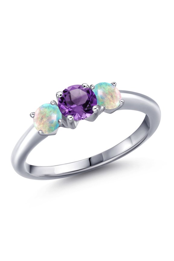 925 Sterling Silver Purple Amethyst and Simulated White Opal Engagement Ring for Women | 0.98 Cttw | Round 5MM | Gemstone February Birthstone | Size 5