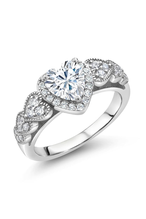 925 Sterling Silver White Moissanite Halo Ring for Women | 0.98 Cttw | Heart Shape 6MM | Gemstone Birthstone | Size 8
