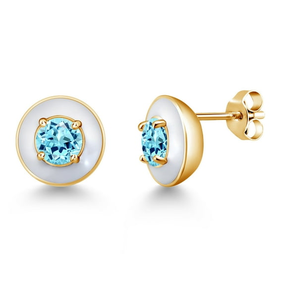 Gem Stone King 0.99 Ct Round 5mm Blue Apatite 18K Yellow Gold Plated Silver White Enamel Stud Earrings for Women Men