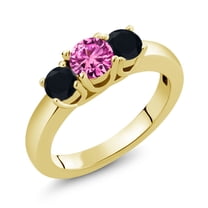 Gem Stone King 0.99 Ct Round Pink Created Sapphire Black Onyx 18K Yellow Gold Plated Silver Ring (Size 9)