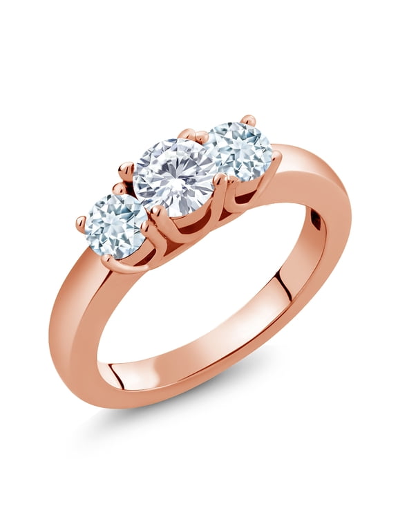 1.00 Ct E-F Lab Grown Diamond Sky Blue Aquamarine 18K Rose Gold Plated Silver Classic 3-Stone Ring for Women (Size 6)