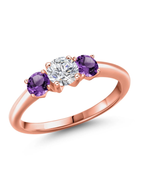 18K Rose Gold Plated Silver Lab Grown Diamond and Purple Amethyst Engagement Ring for Women | 1.00 Cttw | Round 5MM | Gemstone April Birthstone | Size 5