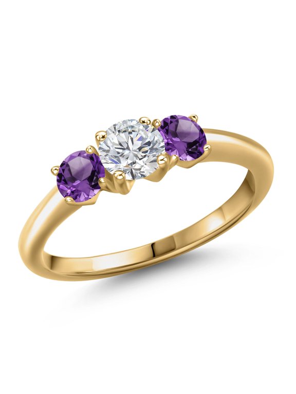 18K Yellow Gold Plated Silver Lab Grown Diamond and Purple Amethyst Engagement Ring for Women | 1.00 Cttw | Round 5MM | Gemstone April Birthstone | Size 6