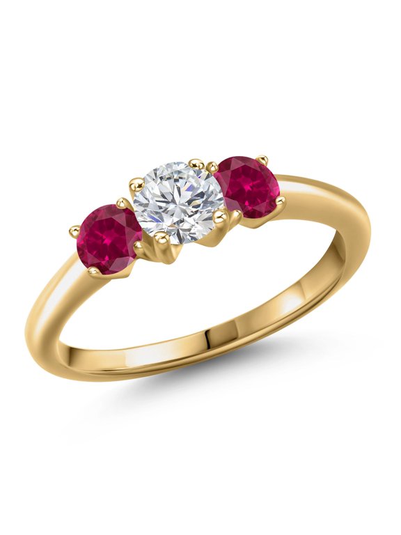18K Yellow Gold Plated Silver Lab Grown Diamond and Red Created Ruby Engagement Ring for Women | 1.00 Cttw | Round 5MM | Gemstone April Birthstone | Size 9