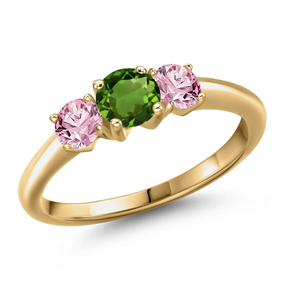 Gem Stone King 18K Yellow Gold Plated Silver Green Chrome Diopside and Pink Lab Grown Diamond Engagement Ring for Women | 1.00 Cttw | Round 5MM | Gemstone Birthstone | Size 8