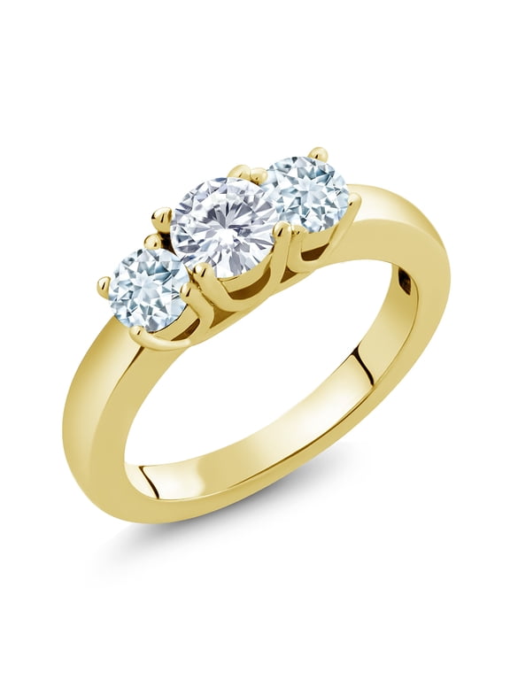 1.00 Ct Lab Grown Diamond and Sky Blue Aquamarine 3-Stone Ring for Women | 18K Yellow Gold Plated Silver | Round 5MM and 4MM (Size 6)