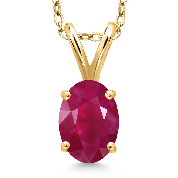 Gem Stone King 1.00 Ct Oval Red Ruby 18K Yellow Gold Plated Silver Pendant With Chain