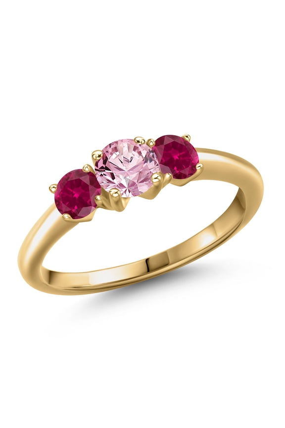 18K Yellow Gold Plated Silver Pink Lab Grown Diamond and Red Created Ruby Engagement Ring for Women | 1.00 Cttw | Round 5MM | Gemstone April Birthstone | Size 9
