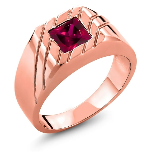 Gem Stone King 1.00 Ct Princess Red Created Ruby 18K Rose Gold Plated Silver Men's Ring (Size 12)
