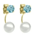 thumbnail image 1 of Gem Stone King 1.00 Ct Round 4mm Blue Zircon 14K Yellow Gold Stud Freshwater Pearl Earrings, 1 of 2