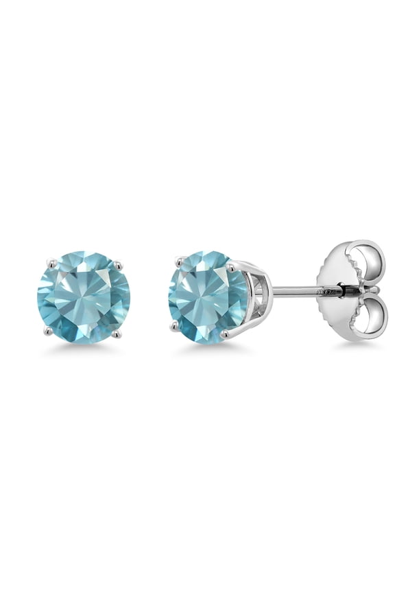 1.00 Ct Round 4mm Blue Zircon 925 Sterling Silver Stud Earrings for Women Men
