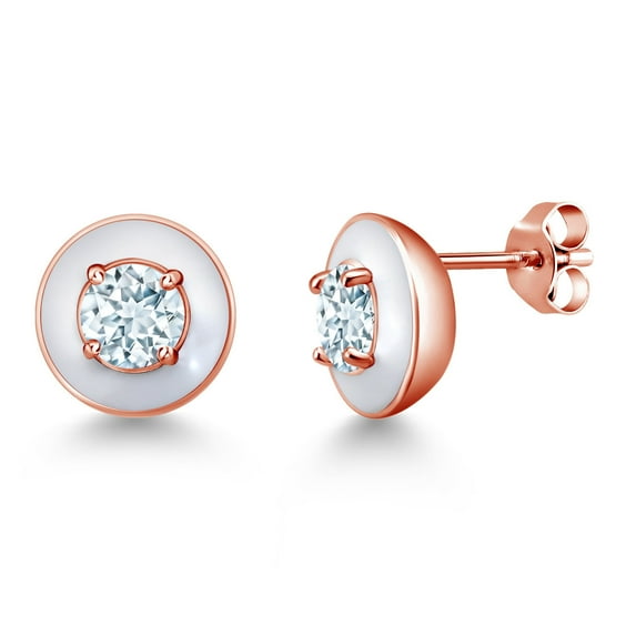 Gem Stone King 1.00 Ct Round 5mm Sky Blue Aquamarine 18K Rose Gold Plated Silver White Enamel Stud Earrings for Women Men