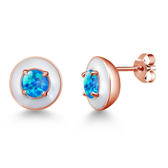 Gem Stone King 1.00 Ct Round Cabochon 5mm Blue Simulated Opal 18K Rose Gold Plated Silver White Enamel Stud Earrings for Women Men