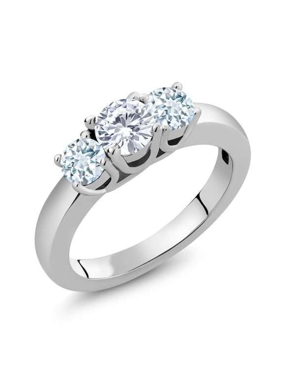 1.00 Ct Round E-F Lab Grown Diamond Sky Blue Aquamarine 925 Sterling Silver Classic 3-Stone Ring for Women (Size 5)