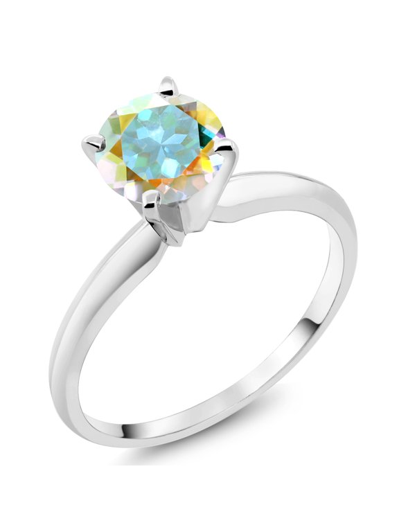 14K White Gold Mercury Mist Mystic Topaz Solitaire Engagement 4-Prong Ring for Women | 1.00 Cttw | Round 6MM | Gemstone Birthstone (Size 8)