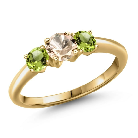 Gem Stone King 18K Yellow Gold Plated Silver Peach Morganite and Green Peridot Engagement Ring for Women | 1.00 Cttw | Round 5MM | Gemstone October Birthstone | Size 5