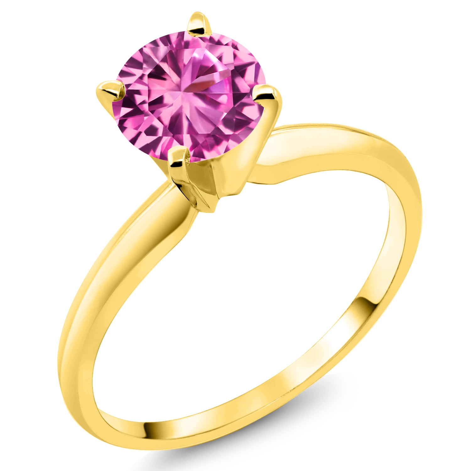 Gem Stone King 14K Yellow Gold Pink Created Sapphire Solitaire Engagement 4-Prong Ring for Women | 1.00 Cttw | Round 6MM | Gemstone September Birthstone (Size 5)