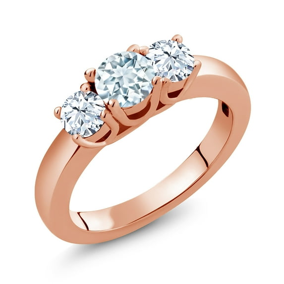 Gem Stone King 1.00 Ct Round Sky Blue Aquamarine 18K Rose Gold Plated Silver Classic 3-Stone Ring for Women (Size 5)