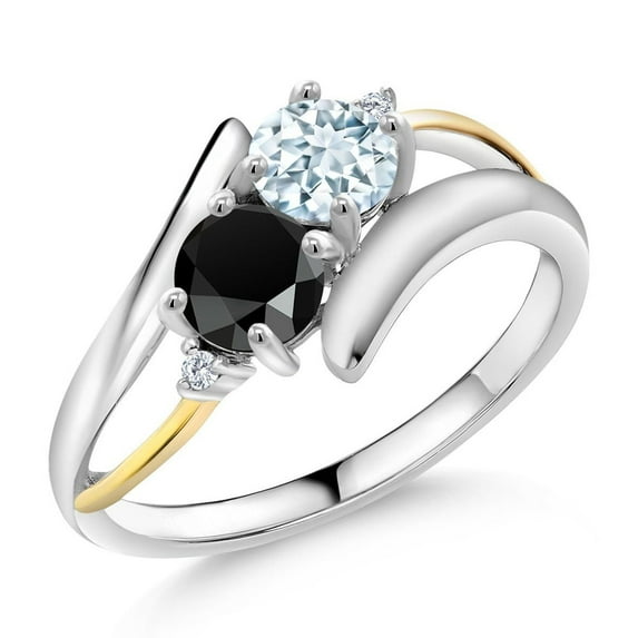 Gem Stone King 1.00 Ct Round Sky Blue Aquamarine Black Onyx 925 Silver and 10K Yellow Gold Lab Grown Diamond Two Stone Crossover Ring (Size 7)