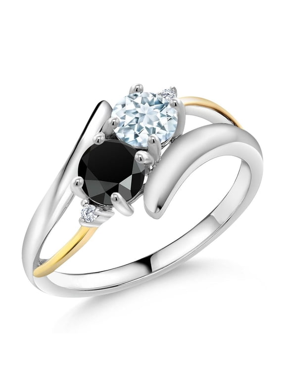 1.00 Ct Round Sky Blue Aquamarine Black Onyx 925 Silver and 10K Yellow Gold Lab Grown Diamond Two Stone Crossover Ring (Size 8)