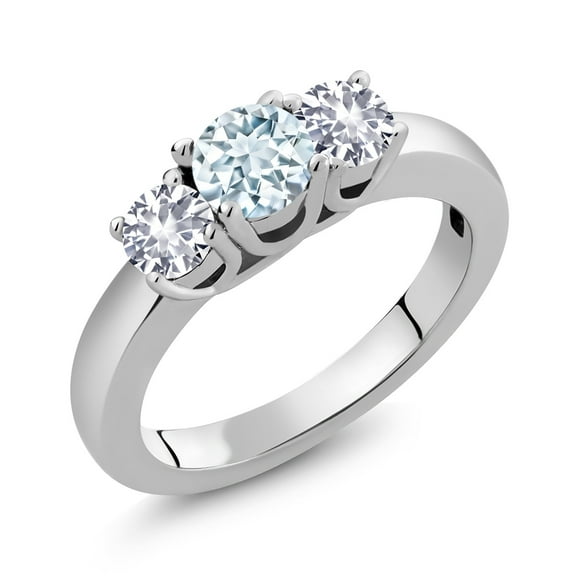 Gem Stone King 1.00 Ct Round Sky Blue Aquamarine White Created Sapphire 925 Sterling Silver Ring (Size 9)
