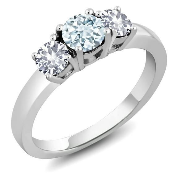 Gem Stone King 1.00 Ct Round Sky Blue Aquamarine White Created Sapphire 925 Sterling Silver Ring (Size 7)