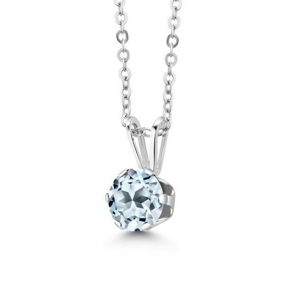 Gem Stone King 1.00 Ct Round Sky Blue Topaz 925 Sterling Silver 6-Prongs Pendant With Chain