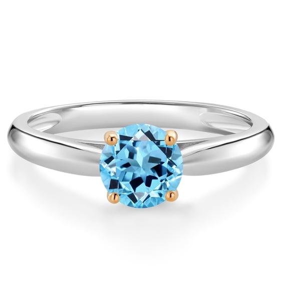 Gem Stone King 1.00 Ct Round Swiss Blue Topaz 10K White and Yellow Gold Solitaire Engagement Ring (Size 7)