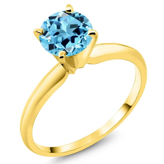 Gem Stone King 14K Yellow Gold Swiss Blue Topaz Solitaire Engagement 4-Prong Ring for Women | 1.00 Cttw | Round 6MM | Gemstone November Birthstone (Size 9)
