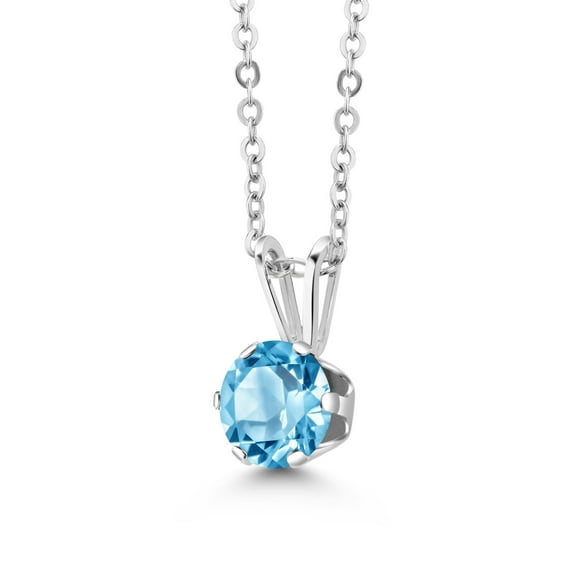 Gem Stone King 1.00 Ct Round Swiss Blue Topaz 925 Sterling Silver 6-Prongs Pendant With Chain
