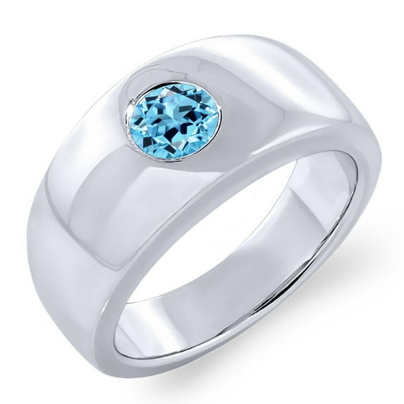 Gem Stone King 1.00 Ct Round Swiss Blue Topaz 925 Sterling Silver Men's Ring (Size 13)