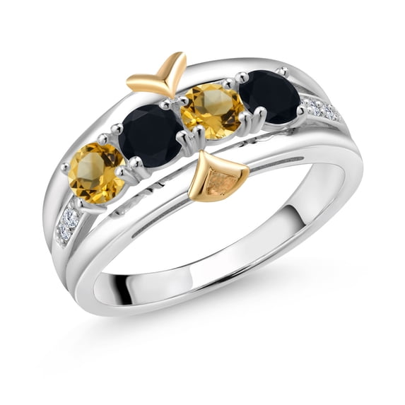 Gem Stone King 1.00 Ct Round Yellow Citrine Black Onyx 925 Silver and 10K Yellow Gold Ring (Size 9)