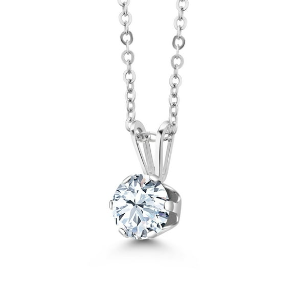 Gem Stone King 1.00 Ct White Created Sapphire 925 Sterling Silver 6-Prongs Pendant With Chain