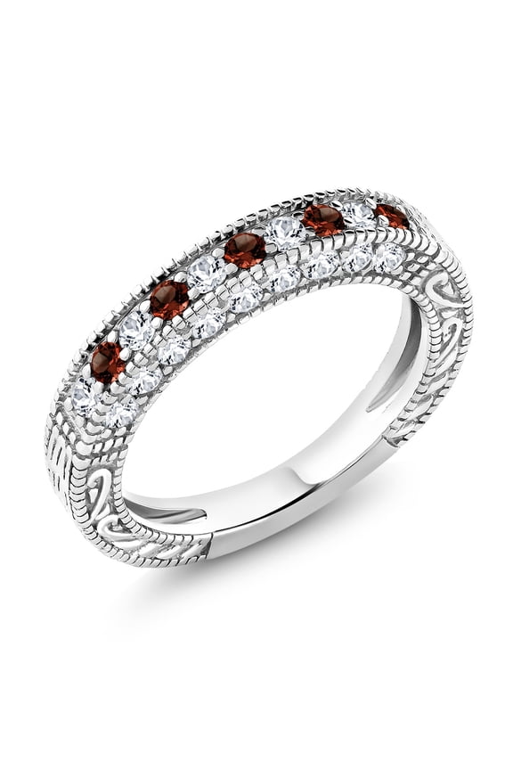 1.00 Cttw Red Garnet and White Created Sapphire Wedding Band Ring for Women | 925 Sterling Silver | Engagement Anniversary Promise Ring for Women | Size 9